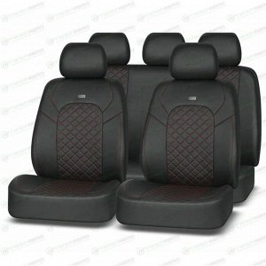 Чехлы AUTOPREMIER Luxury VIP для передних и задних сидений, экокожа, черный цвет с красной прострочкой, 11 предметов