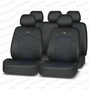 Чехлы AUTOPREMIER Luxury VIP для передних и задних сидений, экокожа, черный цвет с синей прострочкой, 11 предметов