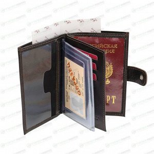 Бумажник водительский Premier с отделением для карт, паспорта и купюр (7 карманов), из темно-коричневой натуральной кожи (ладья), с хлястиком, арт. О-178 (№328)
