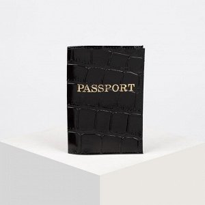Обложка для паспорта, тиснение фольга, крокодил, цвет чёрный