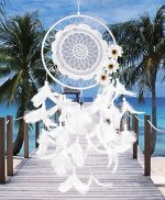 Интерьерное украшение &quot;Ловец снов&quot;, с перьями и цветами, цвет белый