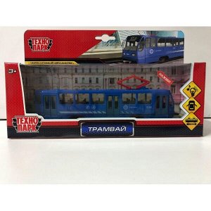 TRAM71403-18SL-BU Модель металл свет-звук ТРАМВАЙ 18,5 см, двери, инерц, синий, кор. Технопарк в кор.2*24шт