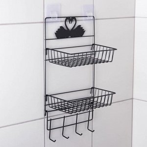 Полка для ванной Доляна, двухъярусная, 4 крючка, 47х30х14 см, чёрная