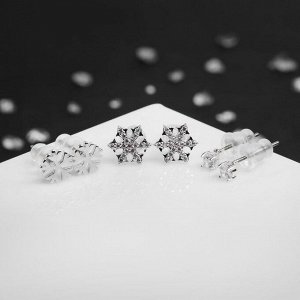 Пусеты новогодние 3 пары "Снежинки", вьюга, цвет белый в серебре