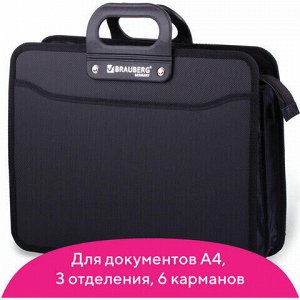 Папка-портфель пластиковая BRAUBERG "ПРЕМЬЕР" А4 (390х315х120 мм) 3 отделения, фактура "бисер", черная, 223082