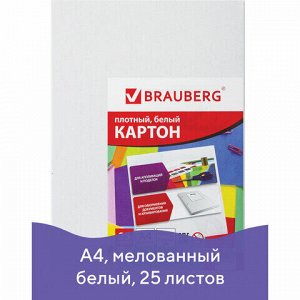 Картон белый А4 МЕЛОВАННЫЙ (глянцевый), 25 листов, в пленке, BRAUBERG, 210х297 мм, 124021