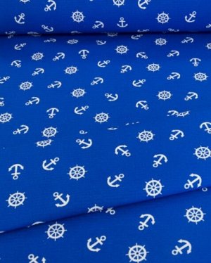 Вафельная ткань "Якоря, штурвалы на синем" хлопок-100%, 1.5 м