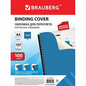 Обложки картонные для переплета, А4, КОМПЛЕКТ 100 шт., глянцевые, 250 г/м2, синие, BRAUBERG, 530955