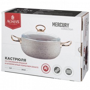 Кастрюля КАСТРЮЛЯ AGNESS С АНТИПРИГАР. ПОКРЫТИЕМ GRANITE, СЕРИЯ MERCURY, 20*9 СМ, 2,6Л, PFOA FREE 
Материал: Алюминий кованый/Стекло
Марка AGNESS представляет посуду турецкого производителя серии Mer