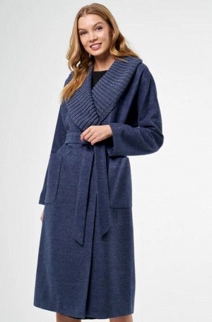 Женское текстильное пальто с отделкой из трикотажа И ТЕКСТИЛЬНЫМ ПОЯСОМ