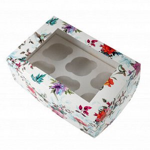 Коробка для 6 капкейков с окном "Цветы ассорти"