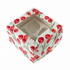 Коробка для 4 капкейков с окном "Красные тюльпаны"