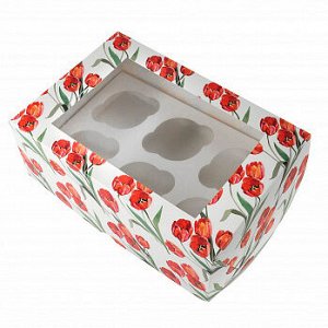 Коробка для 6 капкейков с окном "Красные тюльпаны"