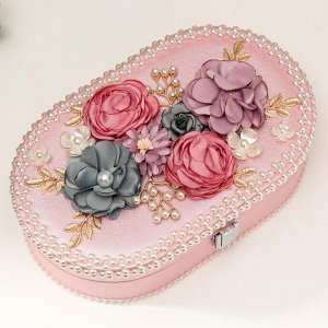 Шкатулка кожзам для украшений "Цветы с жемчугом" розовый перламутр 6,5х13,5х22,5 см