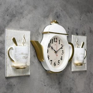 Часы настенные "Чайник и две чашки", корпус белый с золотом, 29х34см