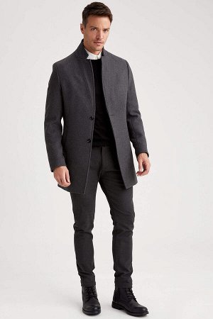 Приталенное длинное пальто из смесовой шерсти с воротником-стойкой