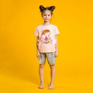 Пижама для девочки "Девочка с котёнком", рост 104-110 см, цвет персиковый/серый