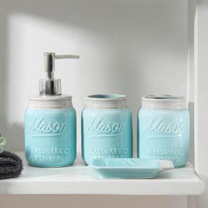 Набор аксессуаров для ванной комнаты «Рони», 4 предмета (мыльница, дозатор для мыла 380 мл, 2 стакана), цвет голубой