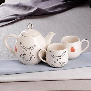 Чайный набор "Петелька", зайцы, 3 предмета: чайник 1,1 л и 2 чашки 0,38 л, микс