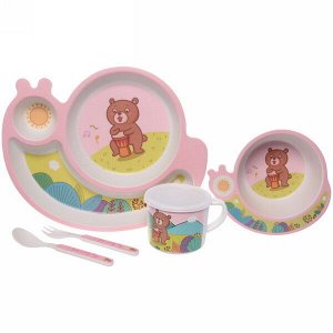 Набор детской посуды из бамбука 5 предметов "Мишка розовый"