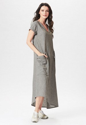 2072 серый Оригинальное длинное льняное платье с V - образным вырезом, с коротким рукавом и ассиметричным низом, российского производства бренда Dimma. Широкий размерный ряд, в том числе большие разме