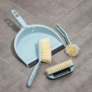 Щётки для уборки Доляна, 4 предмета: совок, 3 щётки, 30x21x12 см, голубые