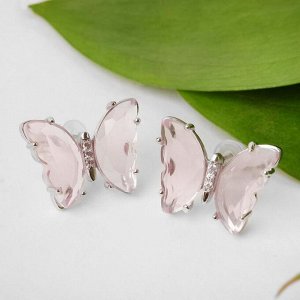 Серьги со стразами "Бабочки мини" прозрачные, цвет розовый в серебре