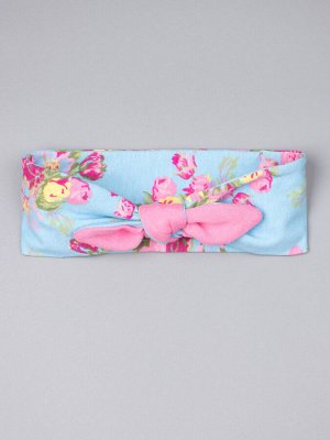 Повязка-солоха трикотажная для девочки, розовые цветы, голубой 35см - 38см (1-3 мес)