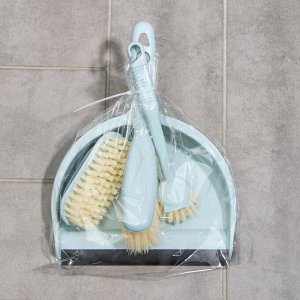 Щётки для уборки Доляна, 4 предмета: совок, 3 щётки, 30x21x12 см, голубые