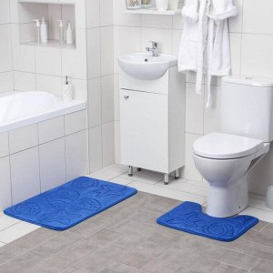 Доляна Набор ковриков для ванны и туалета «Ракушки», объёмные, 2 шт: 40?50, 50?80 см, цвет синий