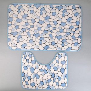Набор ковриков для ванны и туалета Доляна «Галька», 2 шт: 40x50, 50x80 см, цвет синий