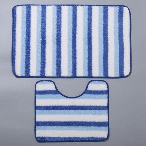 Набор ковриков для ванны и туалета Доляна «Полосатик», 2 шт: 50x80, 40x50 см, цвет сине-белый