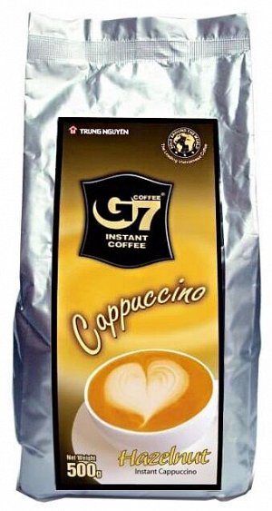 Растворимый кофе  фирмы «TrungNguyen» «G7»  капучино 3в1: - СО ВКУСОМ ЛЕСНОГО ОРЕХА. Состав: кофе, сахар, сливки. В 1 упаковке 500 грамм.