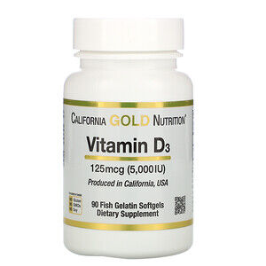 California Gold Nutrition, Витамин D3, 125 мкг (5000 МЕ), 90 рыбно-желатиновых мягких таб