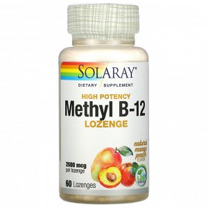 Solaray, высокоэффективный метил B12, натуральные манго и персик, 2500 мкг, 60 леденцов
