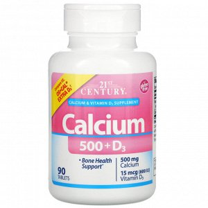 21st Century, Calcium 500 + D3, 500 mg/15 mcg (600 IU), 90 Tablets
