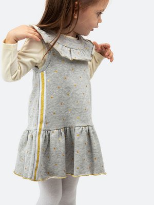 Платье Состав: 100% хлопок; 
Цвет: светло-серый, золотистый
Трикотажное платье для девочки в горох.
Приятная на ощупь ткань из хлопка не раздражает нежную кожу ребенка. 
Сзади предусмотрены кнопки для