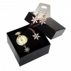 Подарочный набор 3 в 1 "Снежинка": наручные часы d=2.7 см, серьги, кулон