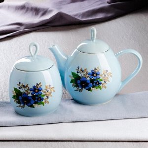 Чайный набор "Петелька" чайник 1,3 л и сахарница 0,8 л, голубой, цветы, микс