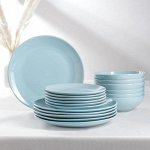 Набор тарелок Доляна «Пастель», 18 предметов: 6 тарелок d=19 см, 6 тарелок d=27 см, 6 мисок d=19 см, цвет голубой
