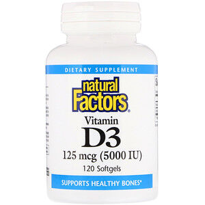 Natural Factors, Витамин D3, 125 мкг (5000 МЕ), 120 мягких желатиновых кап