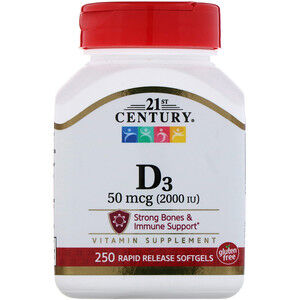 21st Century, витамин D3, 50 мкг (2000 МЕ), 250 мягких таблеток