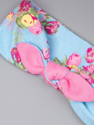 Повязка-солоха трикотажная для девочки, розовые цветы, голубой 35см - 38см (1-3 мес)