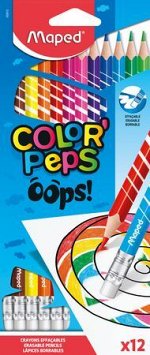 Карандаши пластиковые 12цв трехгранные, стираемые с ластиком COLOR&#039;PEPS OOPS 832812 Maped