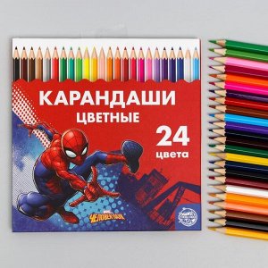 Карандаши 24 цвета "Супергерой", заточенные, шестигранные, картонная упаковка, европодвес, Человек-паук