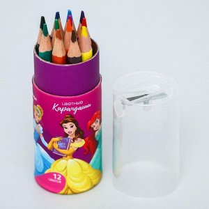 Disney Карандаши цветные с точилкой в тубусе МИНИ, 12 цветов,  &quot;Принцессы Дисней&quot;, Принцессы