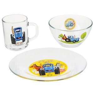 GP51747STR Синий трактор  Набор стеклянной посуды ( кружка, тарелка и салатник). Умка в кор.6шт