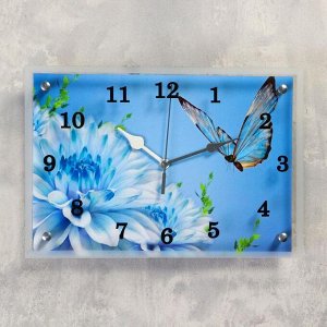 Часы настенные, серия: Цветы, "Голубые цветы и бабочка", 25х35  см, микс