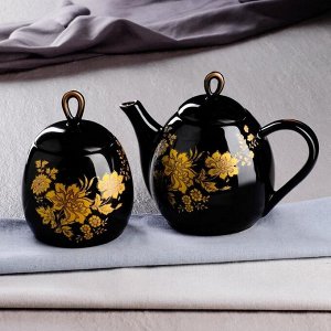 Набор чайный "Петелька", 2 предмета, чёрный, золотая ветка, 0.8/0.5 л