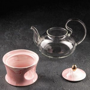 Чайник заварочный «Элегия», 600 мл, с металлическим ситом и подставкой для подогрева, цвет розовый мрамор